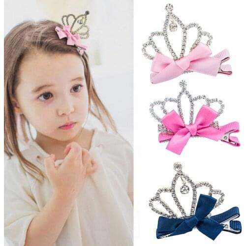 Full Crystal Hollow Crown Rose Red Pink Blue Black Silky Ribbon BowKnot Hair Clips Barrettes Hair Jewelry for Kids Children