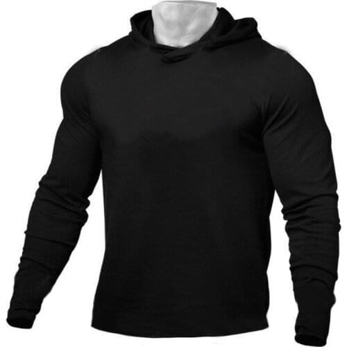 Plain Gym Clothing Running T Shirt Men Cotton Long Sleeve Hoodies Slim Sportswear Bodybuilding Fitness Training Hooded T-shirt