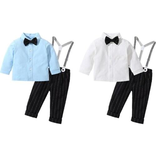 High Quality Newborn Baby Clothes Spring Fall New Suit Boy Gentleman Long Sleeve Shirt Back strap Trousers Sets Kids
