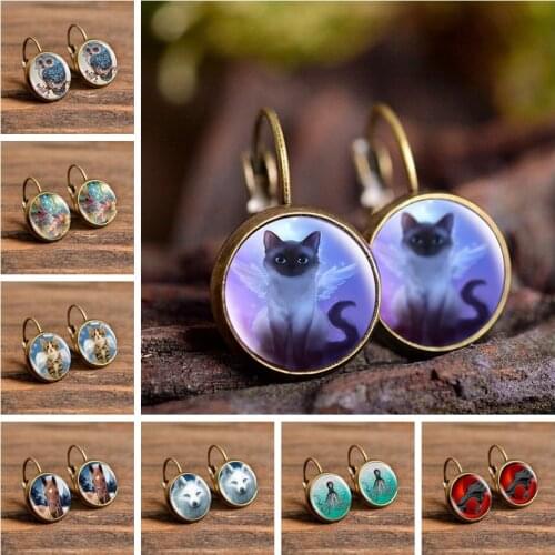 Trendy Cute Cartoon Fox Cat Stud Earring for Women Glass Cabochon Fashion Art Photo Dome Round Earrings Women Jewelry