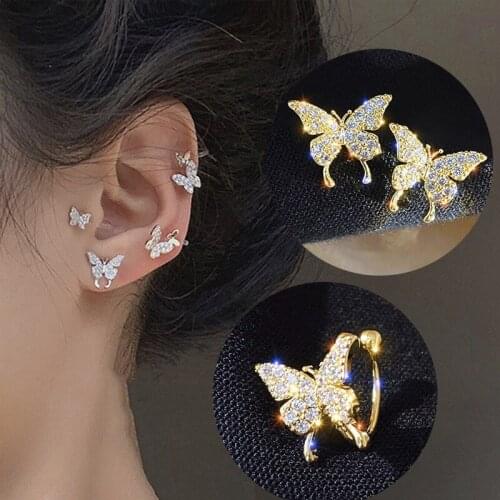 New Fashion Cute Rhinestone Earcuff Gold Color Butterfly Stud Earrings For Women No Piercing Fake Cartilage Earring Jewelry Gift