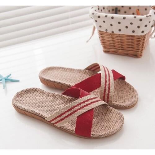 Summer Slippers New Women Men Beach Shoes Indoor Breathable Flax Flip Flops Cross-tied Linen Flat Slides Woman Sandals Fashion