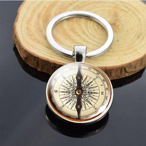 Vintage Compass Photo Double Side Glass Cabochon Keychain Men Women Bag Pendant Key Holder Travel Gift