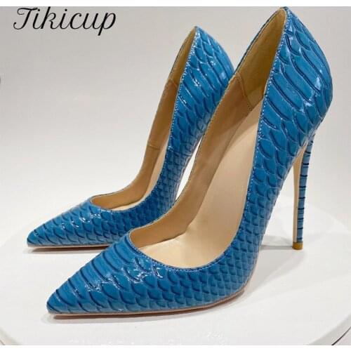 Tikicup Blue Croc-Effect Women Embossed Patern Pointed Toe High Heels Italian Style Chic Pumps Ladies Fashion Party Dress Shoes