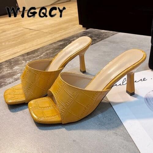 Summer High Heels Celebrity Wearing Simple Style Square Open Toe Woman Heels Women Slippers Patent Leather Slip-On Party Shoes