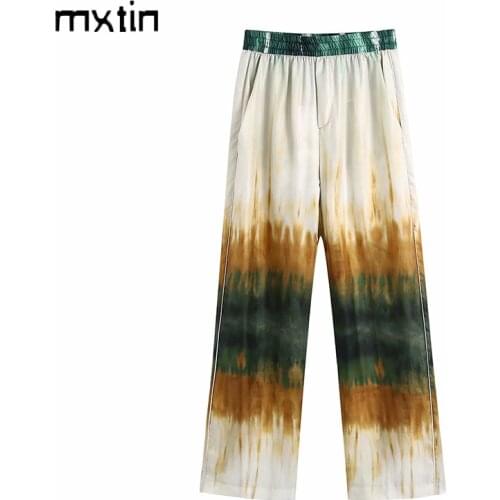 MXTIN 2021 Women Summer Vintage Tie-dye Straight Pant Fashion Fly Side Pocket Waist Elasticity England Style Trousers Ropa Mujer
