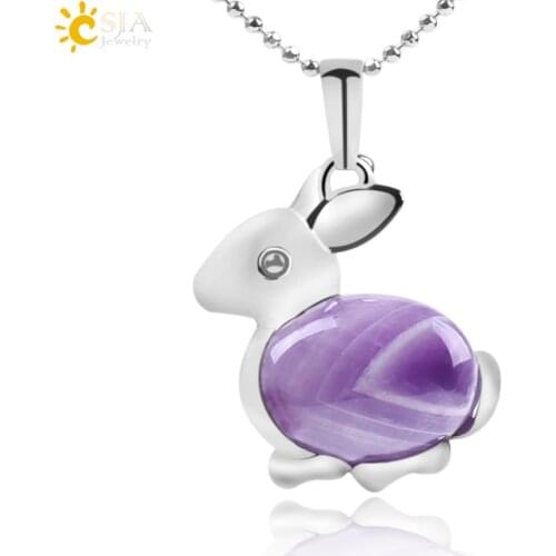 CSJA Natural Gem Stone Beads Rabbit Animal Necklaces & Pendants Chakra Reiki Pink Purple Crystal Aventurine Tiger Eye Opal F095
