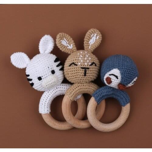 1Pc Baby Rattle Crochet Animal Baby Teether Wooden Ring Handmade Toy BPA Free Wood Teething Bracelet Nurse Gift Baby Product