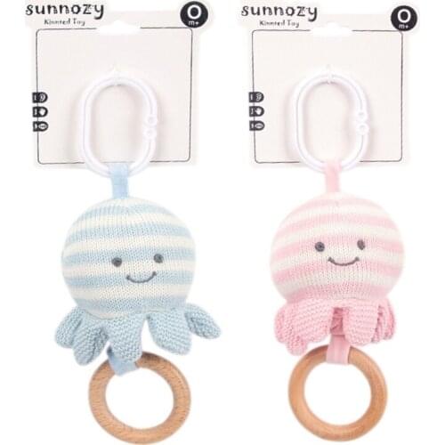 Baby Wooden Teether Toy DIY Crochet Octopus Rattle Infant Teething Nursing Toys