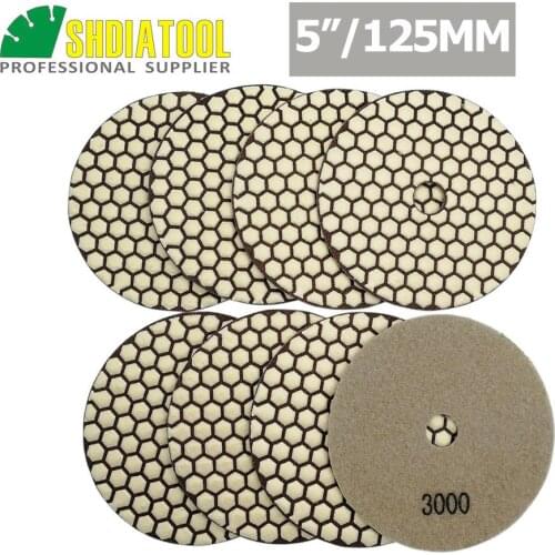 SHDIATOOL 8pcs 5" #3000 B Diamond Dry Polishing Pads Diameter 5inch Resin Bond Flexible Sanding Disc For Granite Marble Ceramic