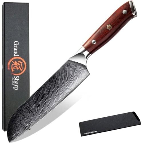 GRANDSHARP Santoku Knife 6.9 Inch Japanese Damascus 67 Layers vg10 Steel Chef Kitchen Knife CuttingRose Wood Handle Gift Box New