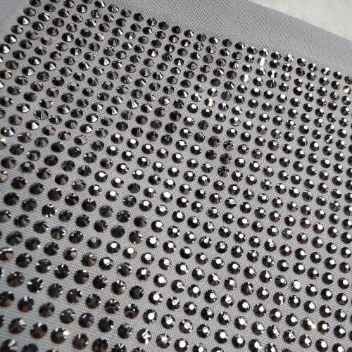 Hot Fix High Quality Dark Grey Crystal Rhinestone Polyester Spandex Elastic Stretch Fabric Milk Silk
