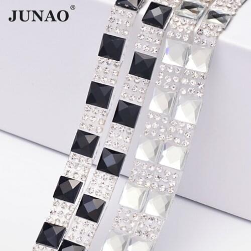 JUNAO 5 Yard*8mm Clear Black Glass Rhinestones Trim Chain Hotfix Iron On Crystal Tape Ribbon Strass Banding for Clothes