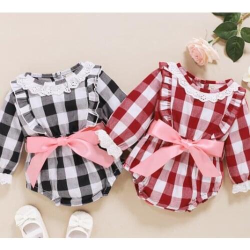 Infant Newborn Baby Girl Romper Lace Jumpsuit Spring Autumn Round Collar Crotch Buttons Plaid Printed Long Sleeve Clothes