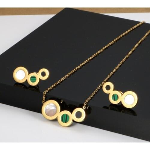 New Brand Green Sequin Rome Pattern Wedding Bridal Jewelry Sets Stainless Steel Jewelry Sets For Women Necklace and Earrings
