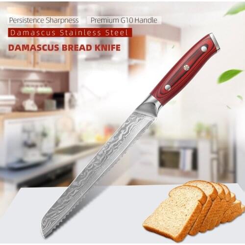 Kitchen Knives Damascus Steel Serrated Bread Knife 8 Inch Chef Knives Toast Cake Cutter Baker Spatula Pastry Cream Baking Tools