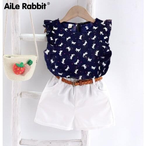 AiLe Rabbit 2021 Summer Girls Clothes Suits Fashion Floral Chiffon Top White Shorts 2-Piece Set Polka Dot Girls Suit Gift Belt