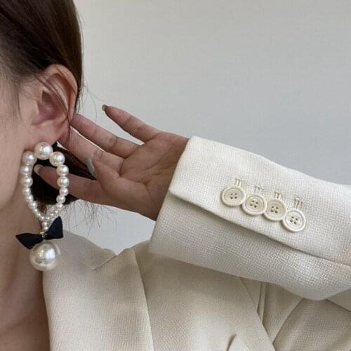 Fashion Retro Elegant Pearl Bow Long Earrings Thin Face Temperament Big Earring Women Aesthetic Accessories for Party Jewellery