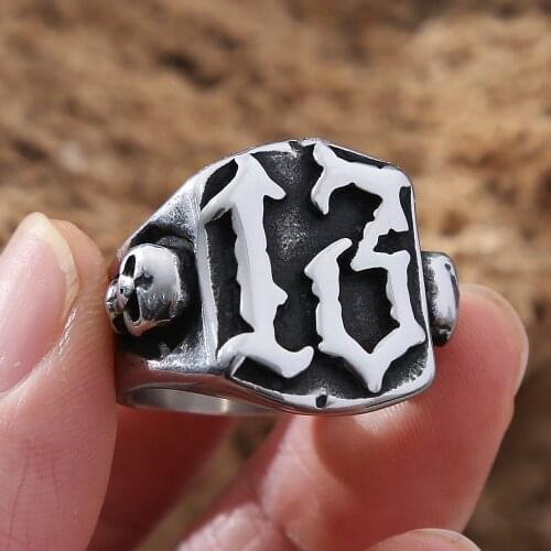 Gothic Gold Lucky 13 Skull Ring Men Punk Hip Hop Street Stainless Steel Biker Mens Number 13 Ring Amulet Jewelry Gift