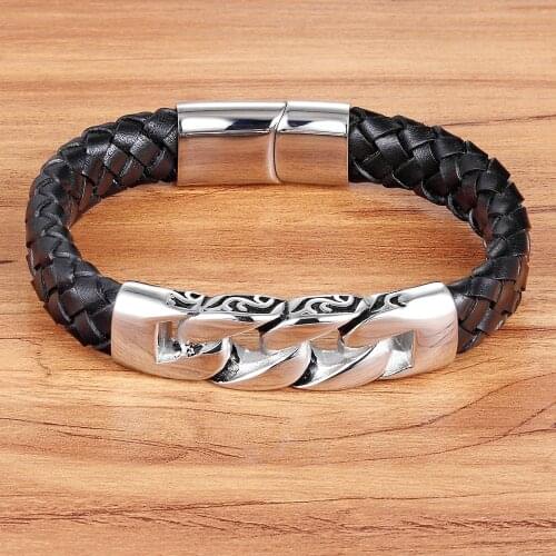 TYO Vintage Stainless Steel Wire Leather Male Bracelets Bangles Combination Stitching Interlocking Leather Bracelet For Men