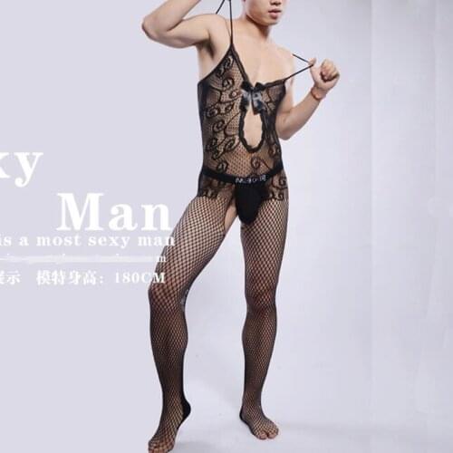 New male erotic underwear hot sexy bodystocking big net transparent catsuit open crotch siamese socks mens body sexy lingerie