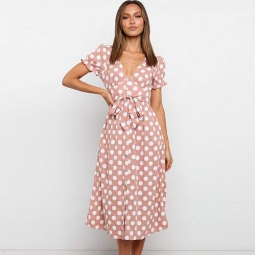 Womens Summer Dresses Sexy Deep V Neck Casual Fashion Print Polka Dot Single Breasted Lace Up Short Sleeve Ladies Long Skirt