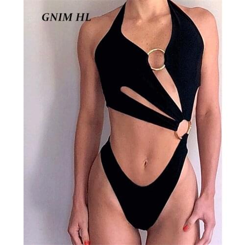GNIM Sexy Hollow Out Swimsuit Women One Piece High Cut Solid Swimwear Push Up New Arrival Bikini 2021 Bandage Swim Bathing Suit