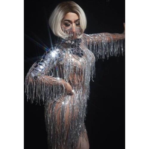 Silver Mirrors Rhinestones Tassel Dress Women Prom Birthday Celebrate Mesh Fringe Short Dress Singer Dancer Evening Party Outfit