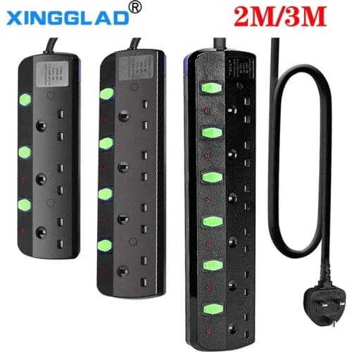 UK Plug 13A 250V Power Strip 3/4/6 Way Individual Switch Fused Switch Extension Socket Outlet Surge Protector With 2/3M Cable