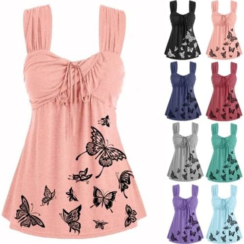 Sleeveless Top Women Fashion Vest Summer Butterfly Print Casual Sleeveless Slim Vest Solid Color Swing Cami Tops Plus Size