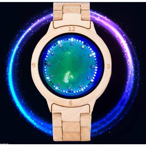 Pure Wooden Watch Unique LED Light Touch Screen Green Dial Blue Night Vision Clock Male Full Wooden Band Electronic Wristwatches