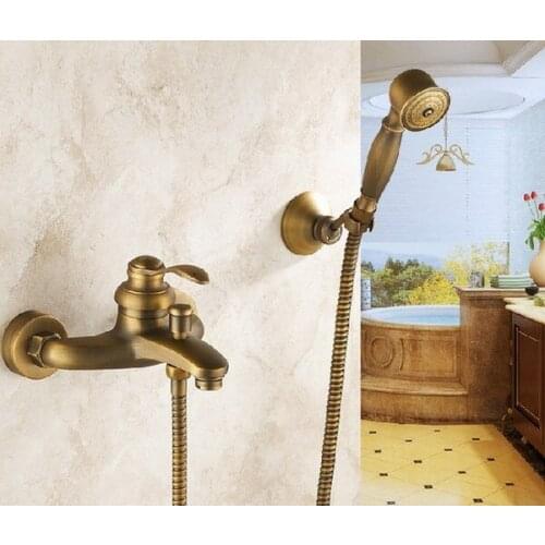 Vintage Retro Antique Brass Single Handle Wall Mounted Bathroom Bath Tub Shower Faucet Mixer Tap With Handshower mtf028
