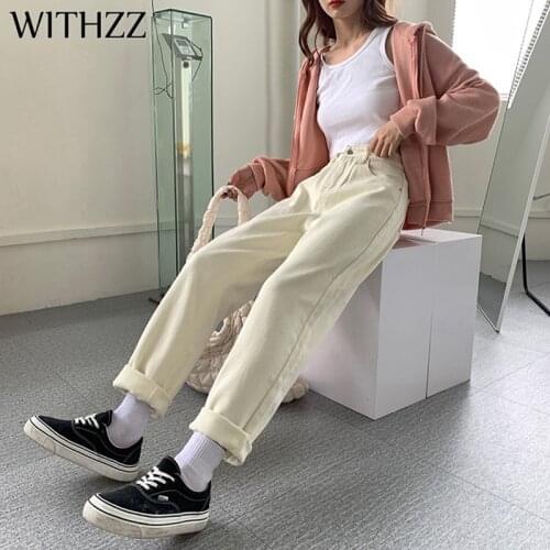 WITHZZ Autumn Winter Womens High Waist Trousers Straight Thin Fleece Asian Size Warm Jeans
