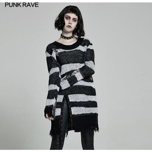 PUNK RAVE Womens Gothic Daily Long Sleeve Pullover Sweater Personality Irregular Striped Worn-out Mid-length Knit Sweater