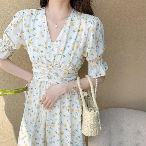 2021 New Puff Sleeve Women Chiffon Mini Dress V-neck Floral Print Single Breasted Vestidos Plus Size 2xl Slim Dresses
