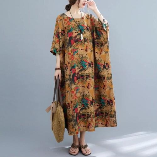 Print Floral Oversized Vintage Dress 2021 New Arrival Soft Cotton Loose Summer Dress Holiday Travel Casual Women Beach Dress