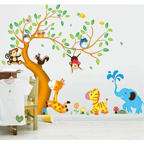2PCS/SET Large Cartoon Animal Zoo 3D Tree Wall Sticker Kids Baby Rooms Home Decoration Owl Birds Wall Art Decals Wallpaper Mural