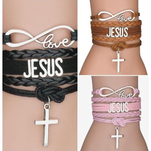 2020 Brand Hot Fashion Leather Jesus Cross Wrap Bracelet Bangle For Women Handmade Silver Color Infinity Love Jewelry Best Gift