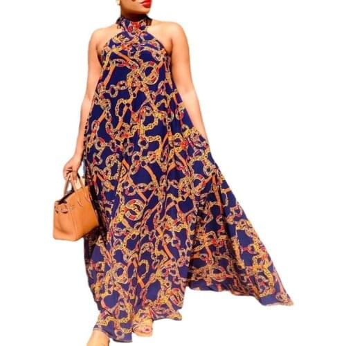 African Maxi Dresses for Women Halter Sleeveless Backless Loose Robe Summer New Print Beach Style Holiday African Dress Vestidos