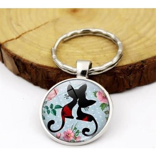 WG 1pc Cute Black Cat Time Gem&stone Keychain Keyring Metal Glass Ball Keyring Pendant For Women Jewellry