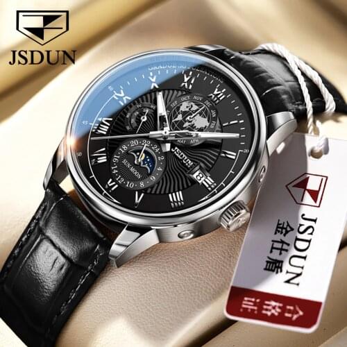 JSDUN New Watch Mens Automatic Mechanical Watch Sports Mens Luxury Clock Moon Phase Date Leather Strap Watch Relogio Masculino
