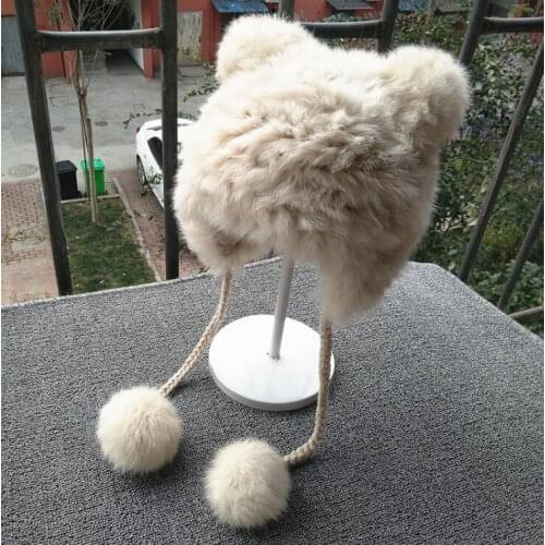 Childrens natural rabbit fur knitted Hats kids winter thicken warm fashion lovely bear ear rabbit fur Skullies & Beanies TB374