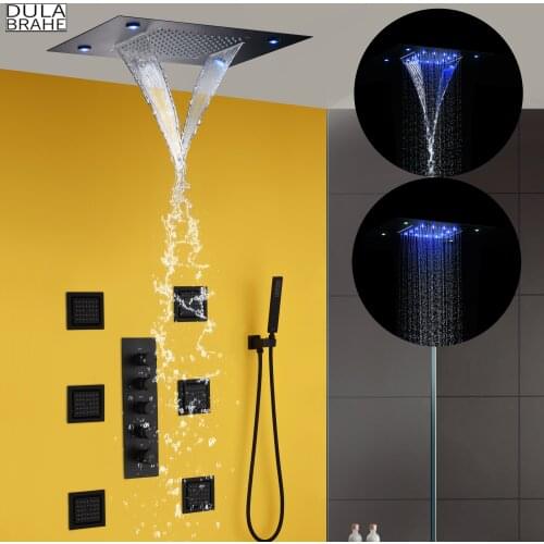 DULABRAHE Thermostatic Shower Faucet Set Black Bathroom System 50X36 CM Ceil Mounted LED Waterfall And Rain Head