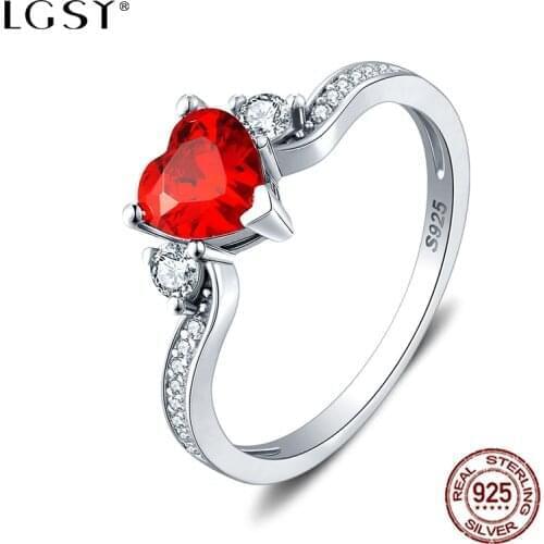 LGSY Round Rings Fine Jewelry Red Crystal Wedding Ring 925 Sterling Silver Romantic Engagement Ring Female Finger Jewelry DR1032