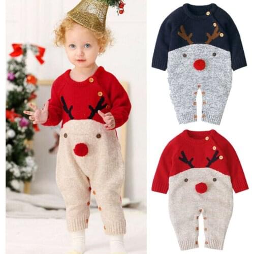 Xmas Newborn Baby Girl Boy Knitted Reindeer Romper Clothes Costume Winter Warm Baby Rompers 0-18M