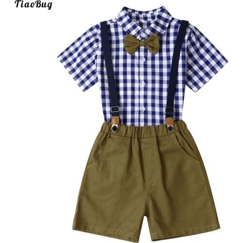 2Pcs Kids Boys Gentleman Outfit Set Short Sleeve Lapel With Bow Tie Shirt Detachable Suspender Elastic Waistband Shorts Suit