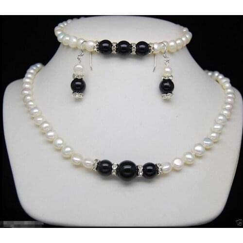 Hot sale new Style >>>>Natural 7-8mm White Pearl & Black real R Gems Beads Necklace Bracelet Earring SetMs. girl Wedding-Jewelry