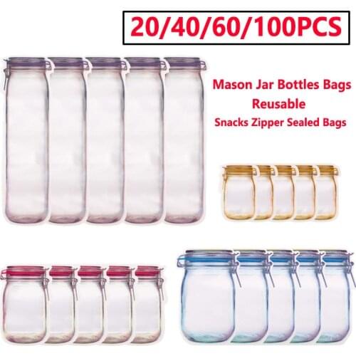 Reusable Mason Jar Bottles Bags Snacks Zipper Sealed Bag Fresh Food Nuts Candy Cookies Bag Seal Storage Bags Kitchen Organizer