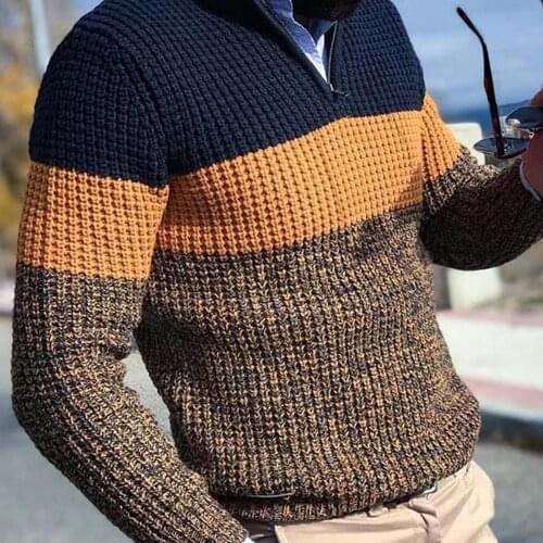 2021 Men Autumn Winter Pullover Jumper Half Zipper Long Sleeve V Neck Color Block Knitted Sweater Male Slim Sweaters for Spring