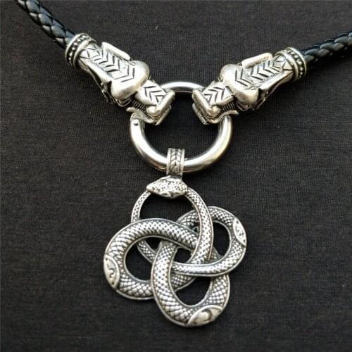 Norse Viking Pirate Snake Rune Pendant With Dragon Head PU Leather Chain Amulet Jewelry Protection Chain Necklace